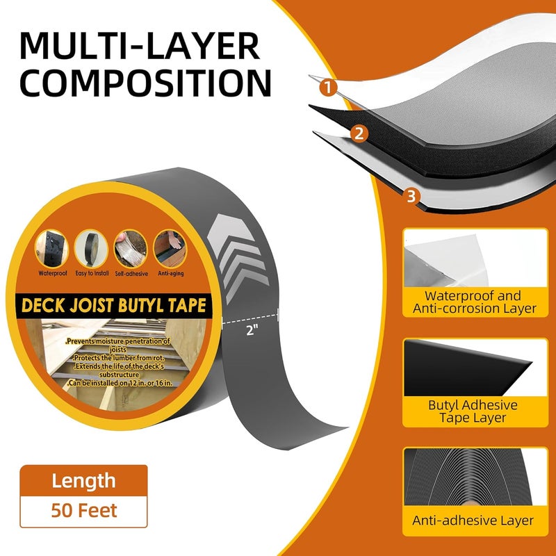 JOAPRIL Butyl Deck Tape 2" x 50' with 2 Rolls, Joist Tape 2 inch for Decking, Waterproof and Anti-Corrosion Flashing Tape for Deck, Joist, Roofs, Beams, RV, Doors, and Fences - Image 2